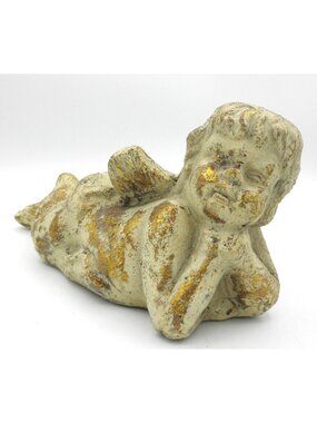 Distressed Cherub Garden Statue Painted Concrete Golden Accents Door Stop Decor